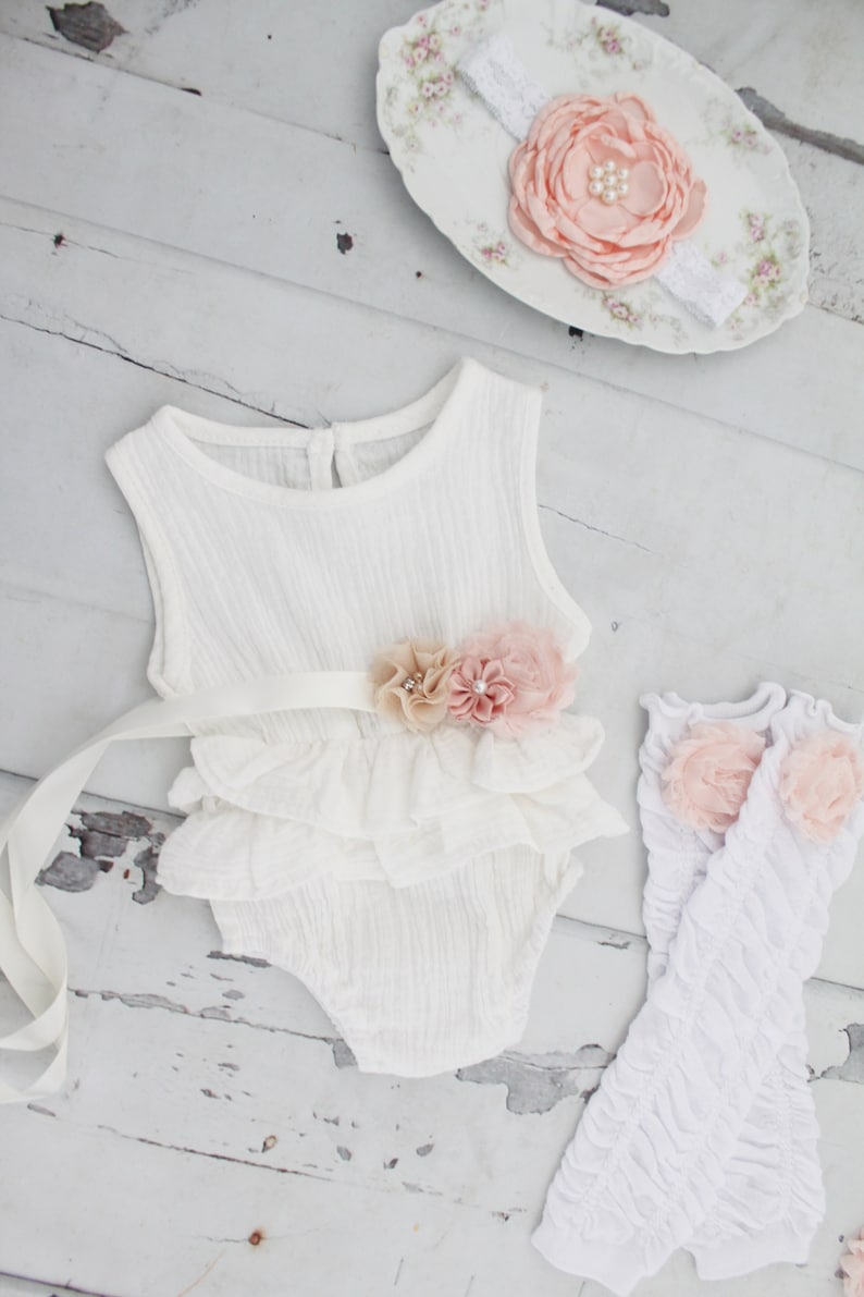 White Newborn Baby Girl Coming Home Outfit Pink 1st Birthday Outfit Summer Boho Chic Ruffle Romper w Sash /& Headband Lavender Mustard