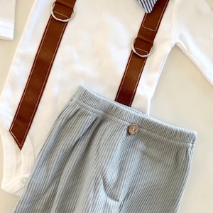 Newborn Baby Boy Coming Home Outfit Set. Seer Sucker Bow Tie Suspender Bodysuit, Knit Pants & Seer Sucker Newsboy Hat Tie Summer Holiday image 3
