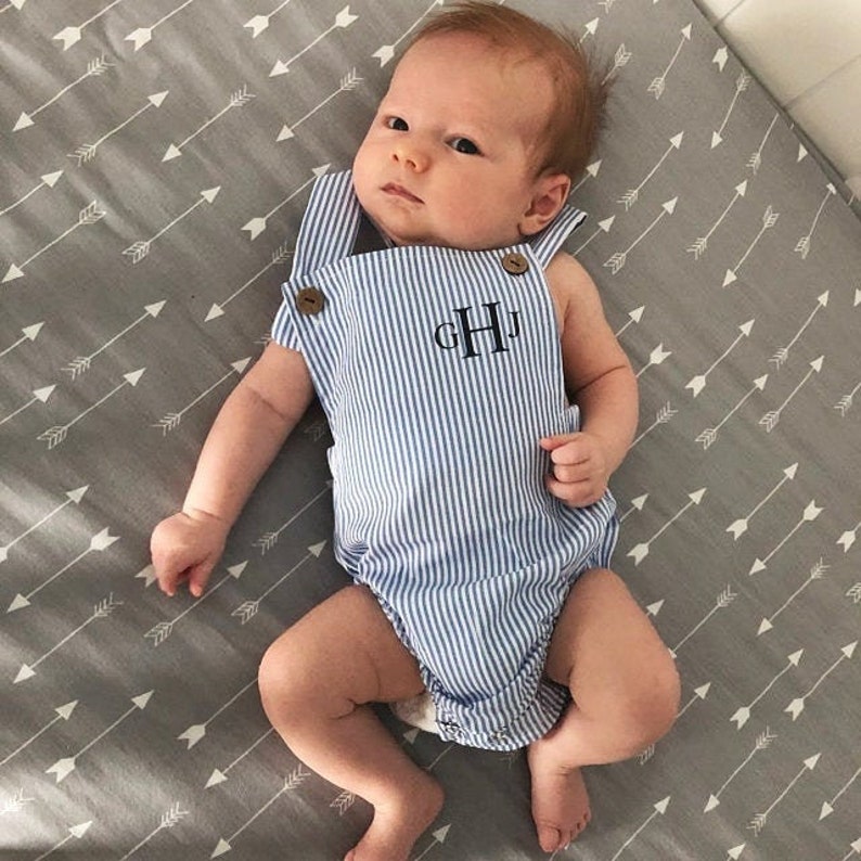 Summer Baby Boy Romper with Monogram or Name.  Linen like or Seersucker Newborn Baby Boy Coming Home Outfit, 1st Birthday Outfit Newsboy Hat 