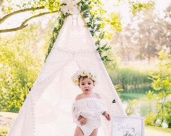 SALE! Summer Baby Girl White Lace Cold Shoulder Birthday Romper Sash & Headband. Boho Newborn Coming Home Outfit, 1st Birthday, Mommy Me Tan