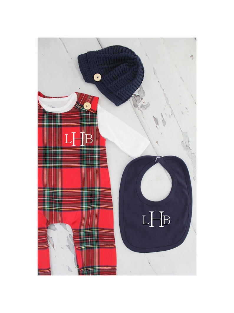 Thanksgiving & Christmas Baby Boy Jumpsuit Romper w Monogram or Name Red Plaid Baby Boy Coming Home Outfit 1st Birthday Outfit Newsboy Hat 
