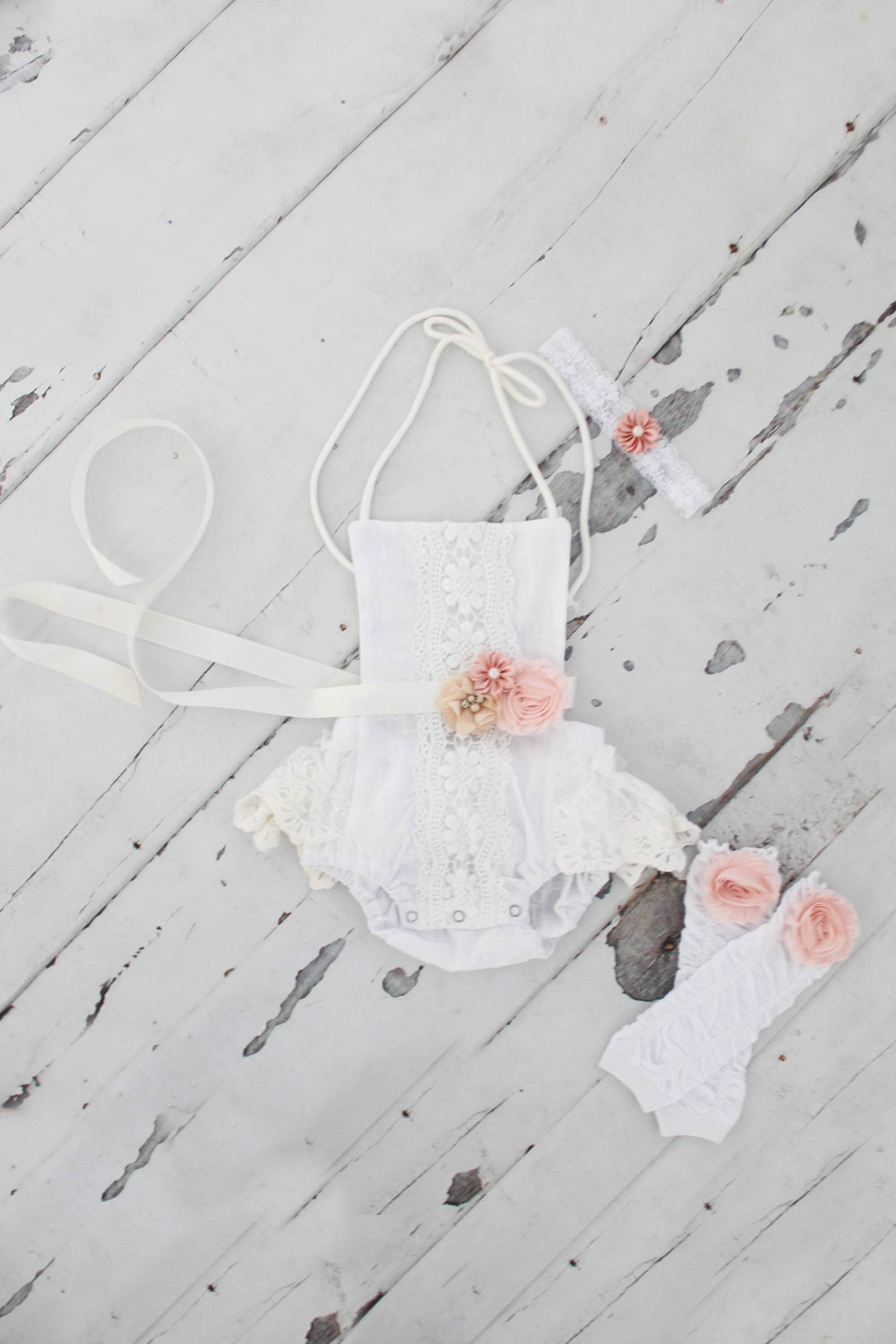 Summer Birthday Boho Chic White Lace Romper w Blush Sash & Headband. …
