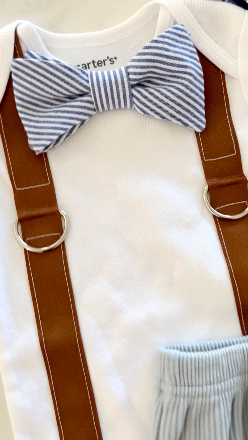 Newborn Baby Boy Coming Home Outfit Set. Seer Sucker Bow Tie Suspender Bodysuit, Knit Pants & Seer Sucker Newsboy Hat Tie Summer Holiday image 6