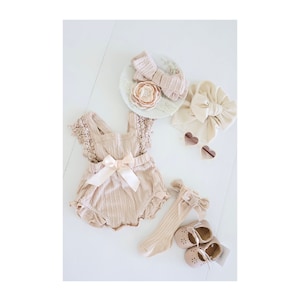 Baby Girl Boho Lace Romper, Easter Spring Summer Outfit, Neutral Baby Romper Girl Outfit, 1st Birthday Cream Tan Buff Romper