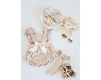 Baby Girl Boho Lace Romper, Easter Spring Summer Outfit, Neutral Baby Romper Girl Outfit, 1st Birthday Cream Tan Buff Romper