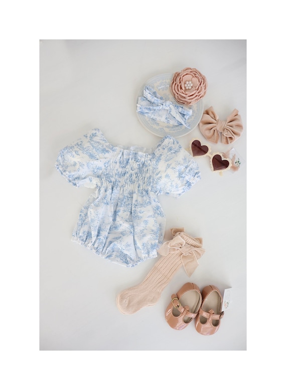 French Toile Romper & Bow Headband, Loveliest Baby Shower Gift, Valentine's Day, Easter, 1st Birthday, Coming Home, Blue and White Newborn