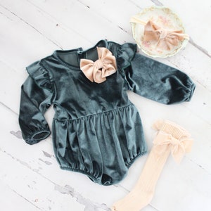 Thanksgiving Velvet Romper. Baby Girl Boho Chic Blueish Green Velvet Holiday Outfit. Flower Girl, Baby Girl 1st Birthday, Coming Home Outfit