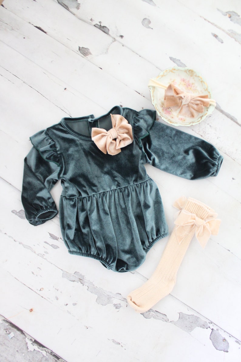 Thanksgiving Velvet Romper. Baby Girl Boho Chic Blueish Green Velvet Holiday Outfit. Flower Girl, Baby Girl 1st Birthday, Coming Home Outfit image 1