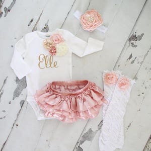 Newborn Baby Girl Coming Home Outfit Set up to 4 Items, Blush Ruffle Diaper Cover Rose Leg Warmer Personalized Floral Valentines Day Easter image 2