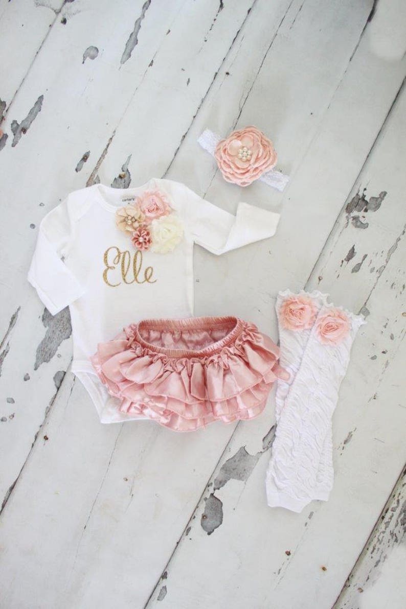 Newborn Baby Girl Coming Home Outfit Set up to 4 Items, Blush Ruffle Diaper Cover Rose Leg Warmer Personalized Floral Valentines Day Easter image 2