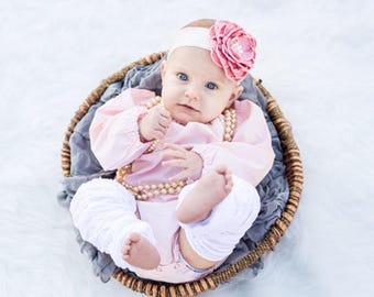 Boho Baby Girl Blush Pink Off the Shoulder Personalized Romper Leg Warmer Headband Newborn Coming Home Outfit 1st Birthday Outfit Holiday