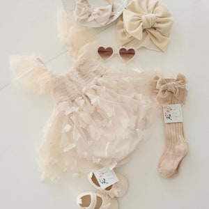 Baby Girl Easter Spring Boho Butterfly Tulle Dress or Romper, Neutral Ivory Cream Lace Bow Coming Home Outfit Summer Wedding Flower Girl image 3