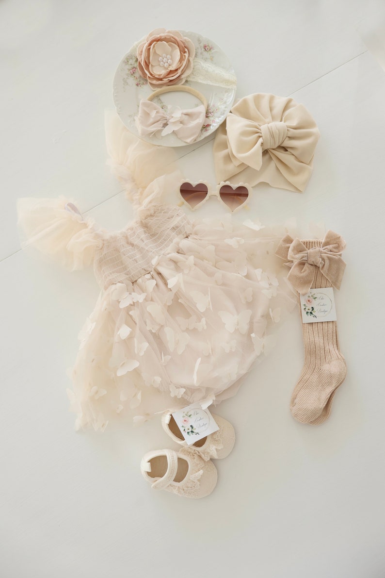 Baby Girl Easter Spring Boho Butterfly Tulle Dress or Romper, Neutral Ivory Cream Lace Bow Coming Home Outfit Summer Wedding Flower Girl image 3