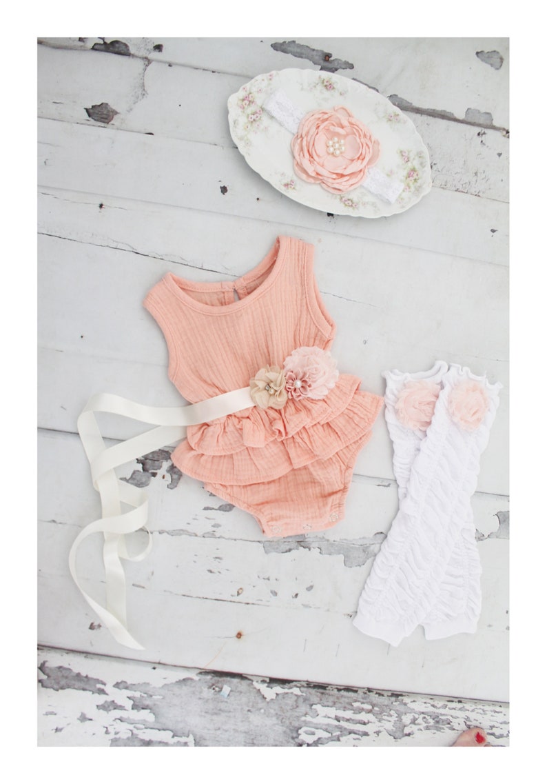 White Newborn Baby Girl Coming Home Outfit Pink 1st Birthday Outfit Summer Boho Chic Ruffle Romper w Sash /& Headband Lavender Mustard