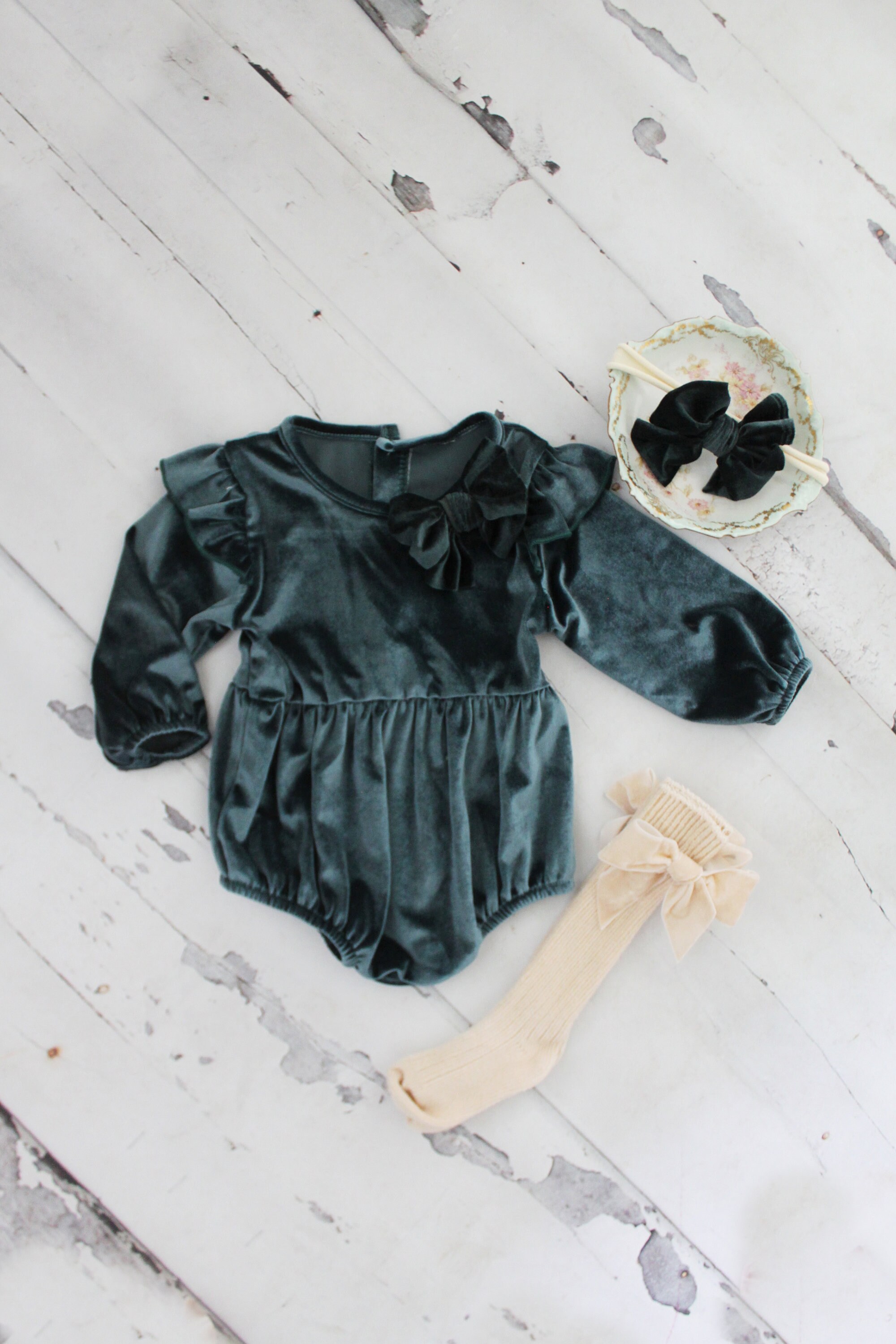 Christmas Holiday Outfit, Boho Green Velvet Romper with Velvet Bow Cl…