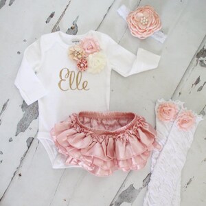 Newborn Baby Girl Coming Home Outfit Set up to 4 Items, Blush Ruffle Diaper Cover Rose Leg Warmer Personalized Floral Valentines Day Easter image 3