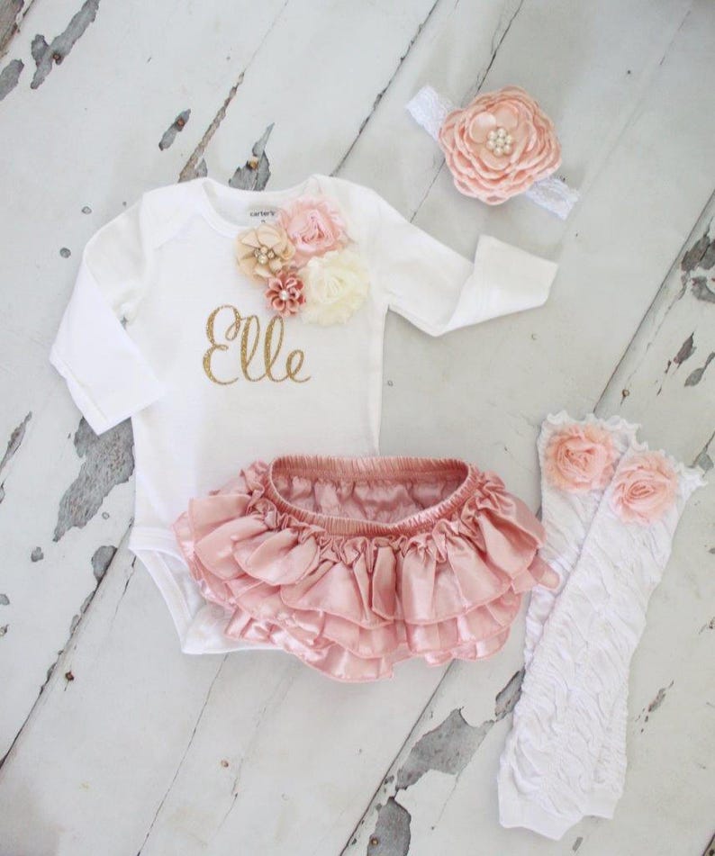 Newborn Baby Girl Coming Home Outfit Set up to 4 Items, Blush Ruffle Diaper Cover Rose Leg Warmer Personalized Floral Valentines Day Easter image 3