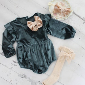 Thanksgiving Velvet Romper. Baby Girl Boho Chic Blueish Green Velvet Holiday Outfit. Flower Girl, Baby Girl 1st Birthday, Coming Home Outfit image 4