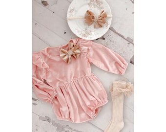 Boho Fall Christmas Holiday Outfit, Boho Pink Velvet Romper with Velvet Bow Clip, Headband, & Knee Socks Thanksgiving Outfit, Coming Home