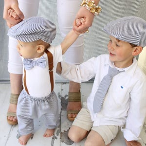 Newborn Baby Boy Coming Home Outfit Set. Seer Sucker Bow Tie Suspender Bodysuit, Knit Pants & Seer Sucker Newsboy Hat Tie Summer Holiday image 9