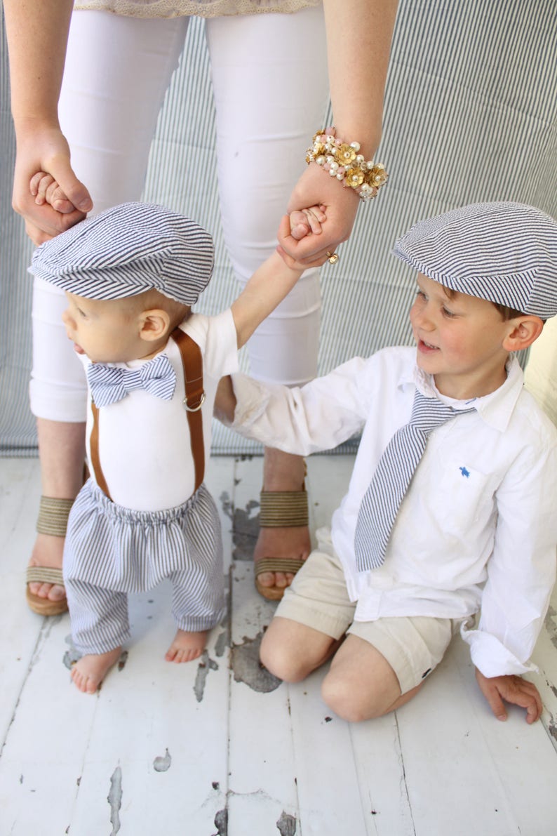 Newborn Baby Boy Coming Home Outfit Set. Seer Sucker Bow Tie Suspender Bodysuit, Knit Pants & Seer Sucker Newsboy Hat Tie Summer Holiday image 9