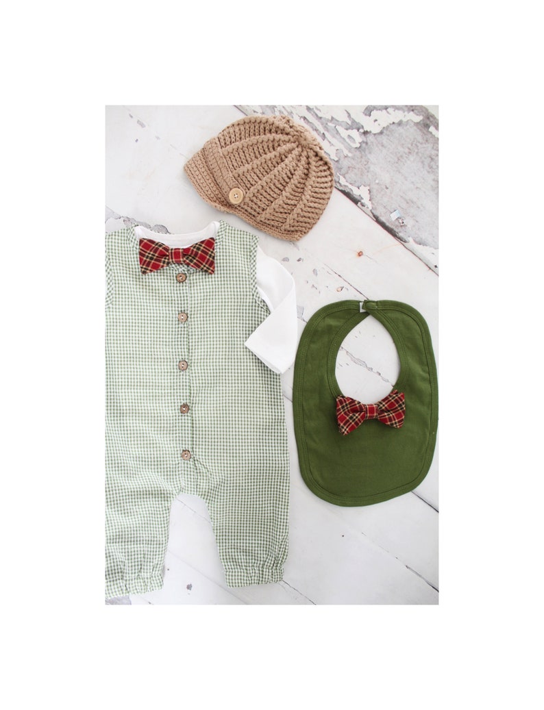 Christmas Holiday Baby Boy Green Gingham Jumpsuit Romper with Bow Tie Bodysuit Baby Boy Coming Home Outfit 1st Birthday Outfit Newsboy Hat 