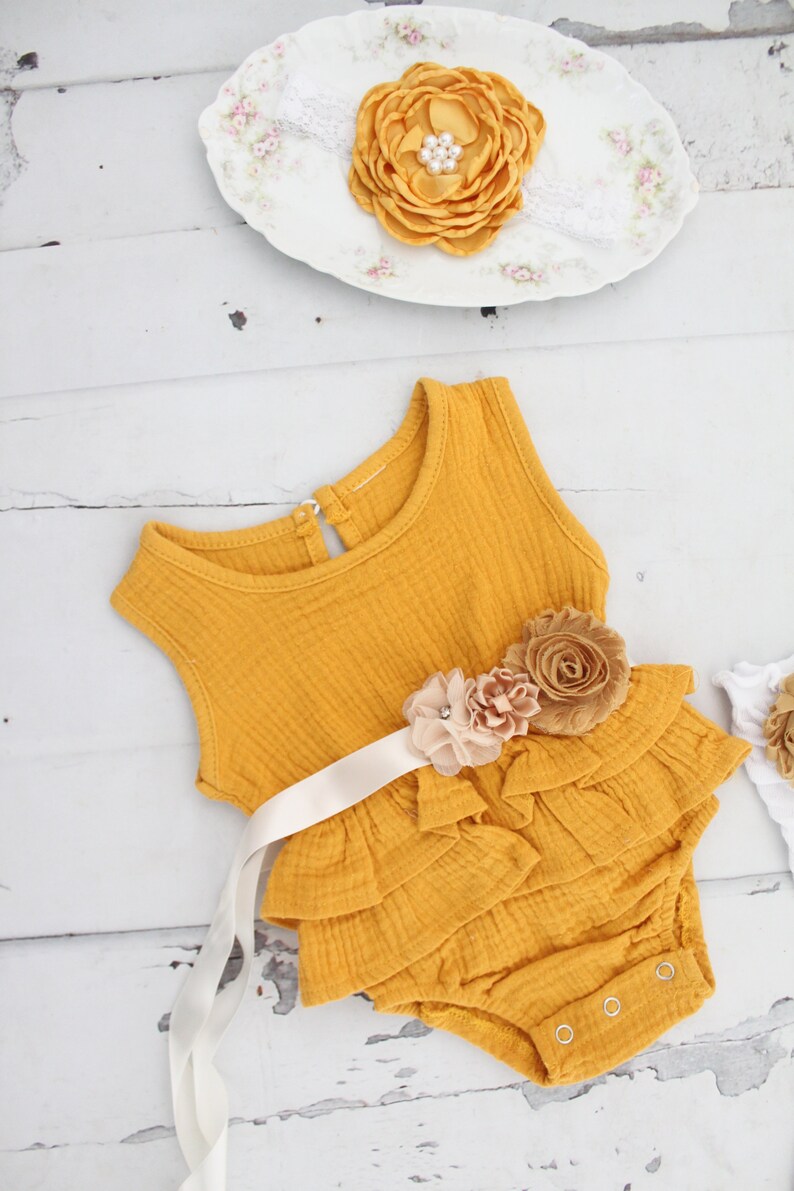White Newborn Baby Girl Coming Home Outfit Pink 1st Birthday Outfit Summer Boho Chic Ruffle Romper w Sash /& Headband Lavender Mustard