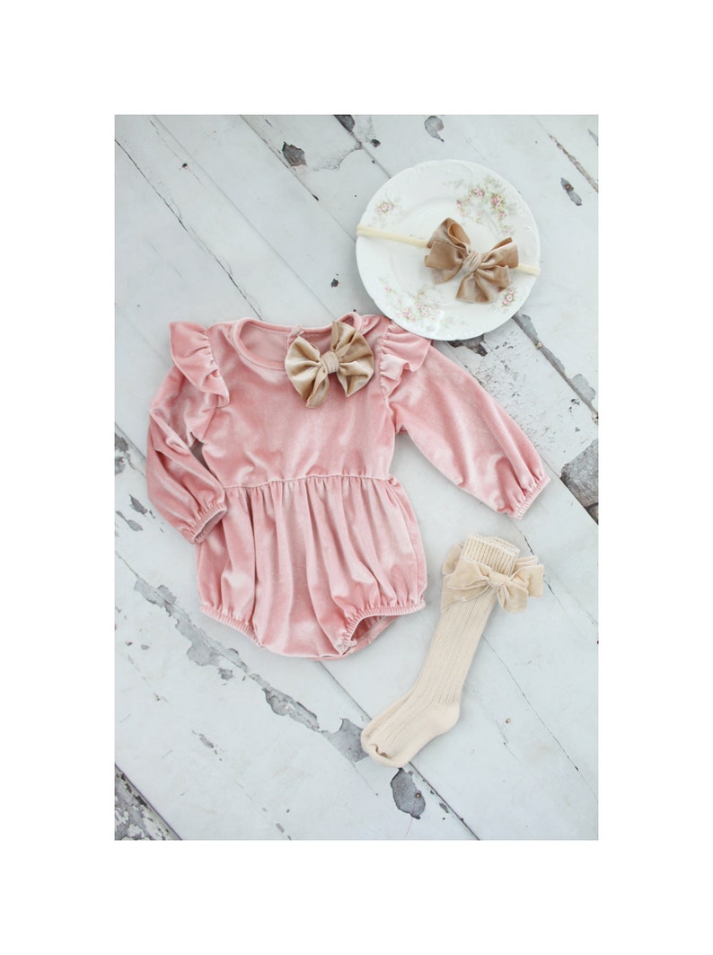 Baby Girl Christmas Holiday Hot Pink Velvet Romper with Velvet Bow Clip, Boho Baby, Thanksgiving Headband & Knee Socks Birthday Coming Home image 4