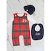 Christmas Holiday Baby Boy Jumpsuit Romper with Monogram or Name. Red Plaid Baby Boy Coming Home Outfit 1st Birthday Outfit Newsboy Hat 