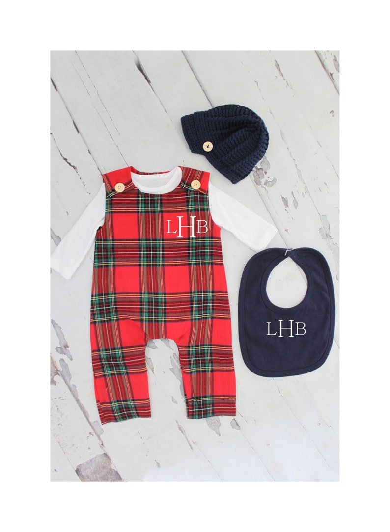 Christmas Holiday Baby Boy Jumpsuit Romper with Monogram or Name. Red Plaid Baby Boy Coming Home Outfit 1st Birthday Outfit Newsboy Hat 
