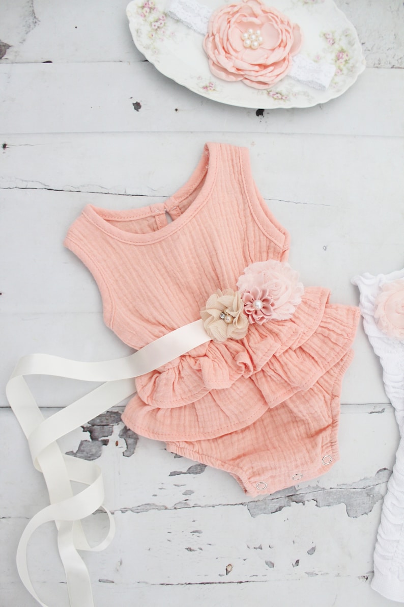 White Newborn Baby Girl Coming Home Outfit Pink 1st Birthday Outfit Summer Boho Chic Ruffle Romper w Sash /& Headband Lavender Mustard