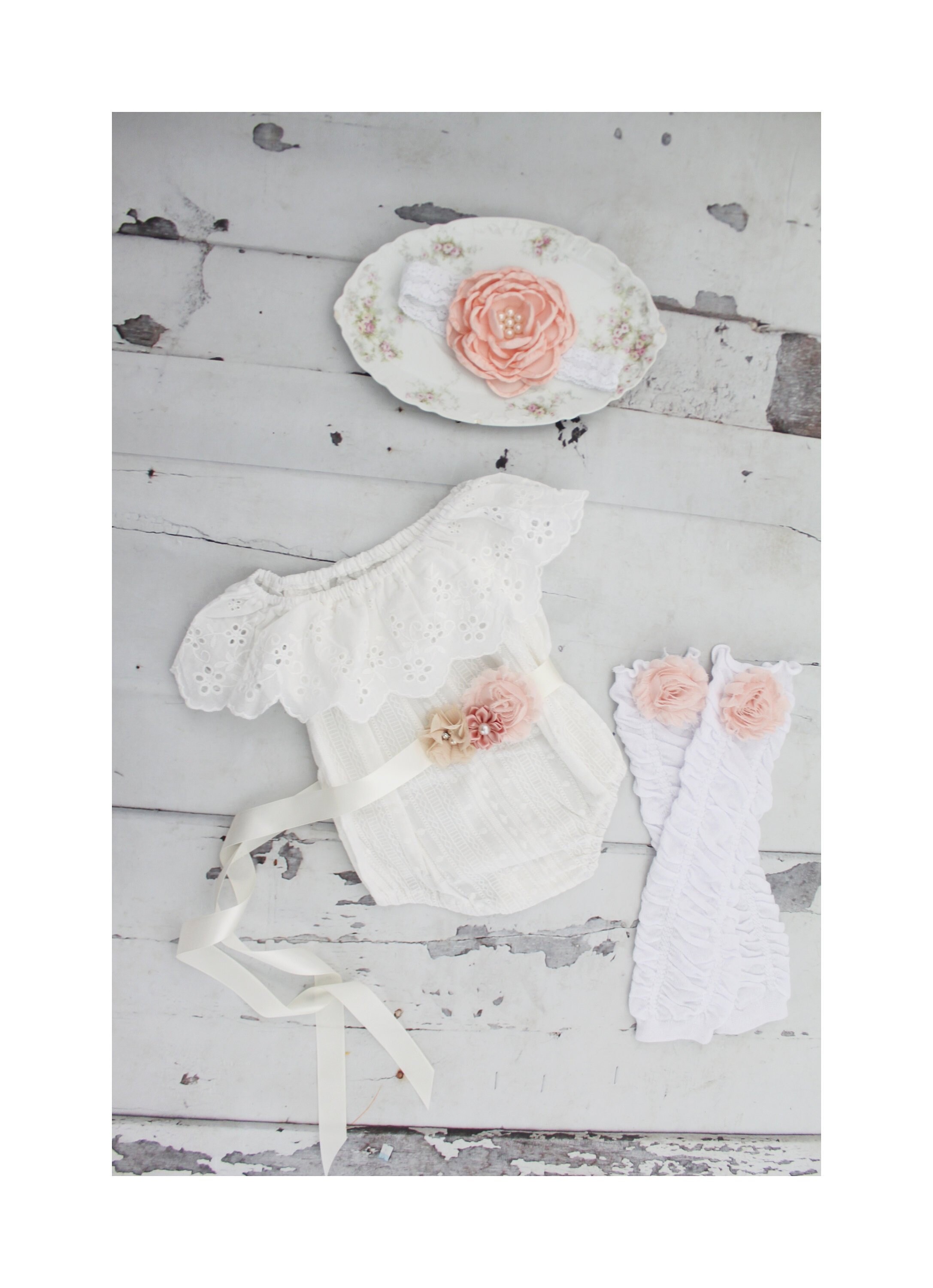 Fall Boho Chic White Lace Cold Shoulder Romper Sash & Headband. Newbo…
