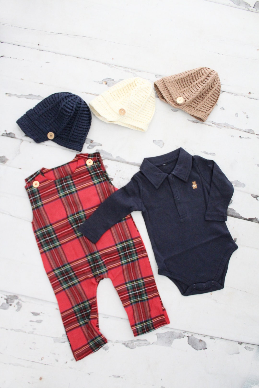Petit Bebe Baby / Toddler Boys Red Holiday Plaid Shortall