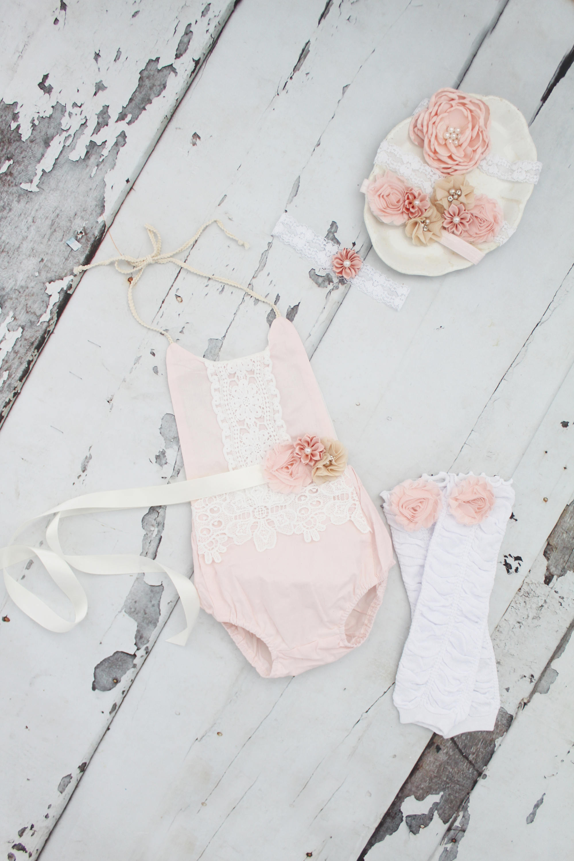 Summer Outfit Boho Chic Blush Pink Lace Romper & Headband. Newborn Ba…