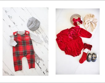 Twins Christmas Holiday Baby Girl Red Velvet Romper Set & Baby Boy Red Plaid Jumpsuit Romper with Monogram or Name. Newsboy Hat Birthday