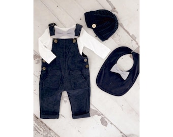 Easter Spring  Baby Boy Navy Blue Corduroy Overalls with Seersucker Bow Tie Bodysuit Baby Boy Coming Home Outfit 1st Birthday Newsboy Hat