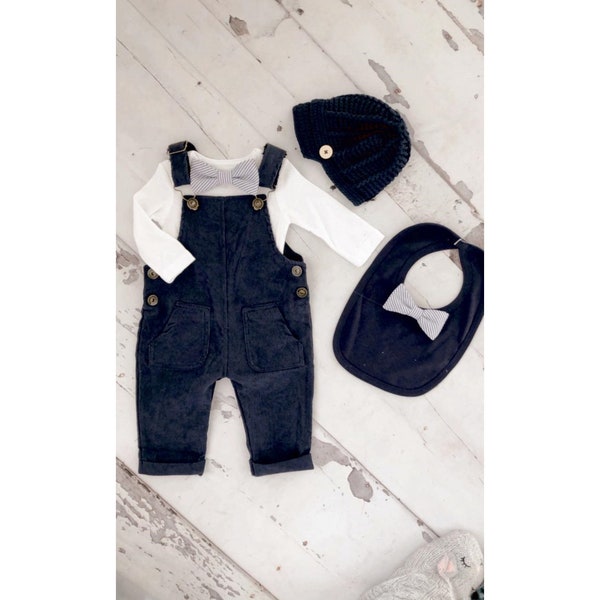 Easter Spring  Baby Boy Navy Blue Corduroy Overalls with Seersucker Bow Tie Bodysuit Baby Boy Coming Home Outfit 1st Birthday Newsboy Hat