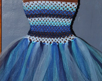 Shades of Blue Themed  Crochet Tube Top/Waistband Dress Tutu  Ice Blue Striped