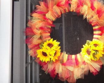 Fall/Autumn Tulle Wreath with Sunflowers