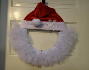 Santa Head with Hat and Snowflake Tulle Wreath