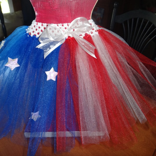 Flag Patterned Patriotic Tutu with Red, White and Blue Tulle, and White Stars