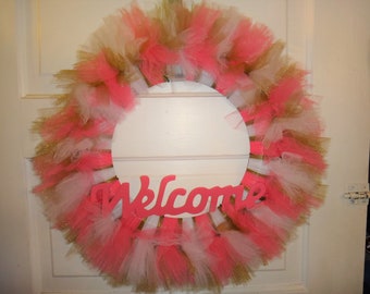 Pink, White, Gold Tulle Welcome Wreath