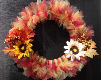 Fall/Autumn Tulle Wreath with Sunflowers and Leaves