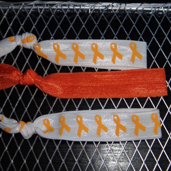 Pack of 3 Orange Awareness Ribbon Themed Print Elastic Ponytail Hair Ties or Bracelet: Leukemia Cancer, Lupus, Alzheimer, Suicide