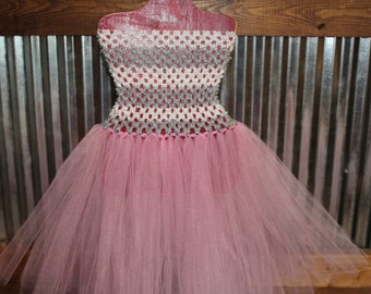 Grey and White Striped Tube with Pink skirt. Crochet Tube Top/Waistband Dress Tutu