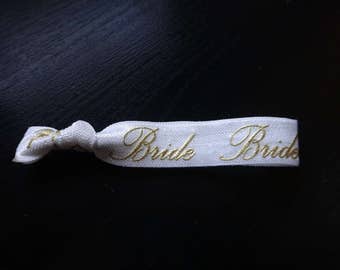 Bride White with Gold Lettering Print Elastic Ponytail Hair Ties or Bracelet