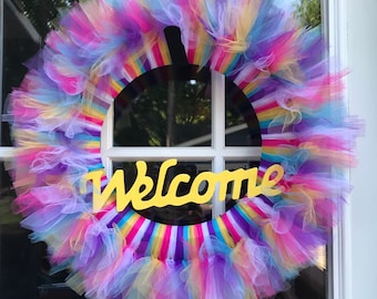 Pink, Purple, Turquoise, Yellow, and White Tulle Welcome Wreath