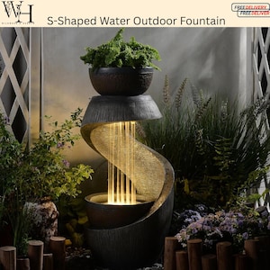 Modern S-Shaped Resin Water Fountain with LED Lights & Planter