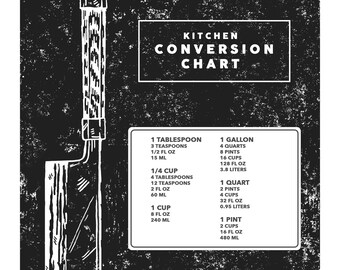 May include: Black and white illustration of a Japanese Nakiri knife with a textured handle. The image includes a kitchen conversion chart with measurements in US customary units (fluid ounces, cups, quarts, gallons) and metric units (milliliters, liters).