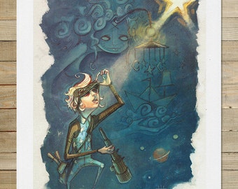 Astronomer | 8.5 x 11 in. Print | star kids room astronaut galaxy storybook art